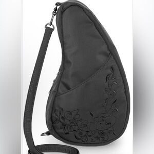 Women's Ameribag Black Sling Crossbody Bag with Embossed Floral Love My Life